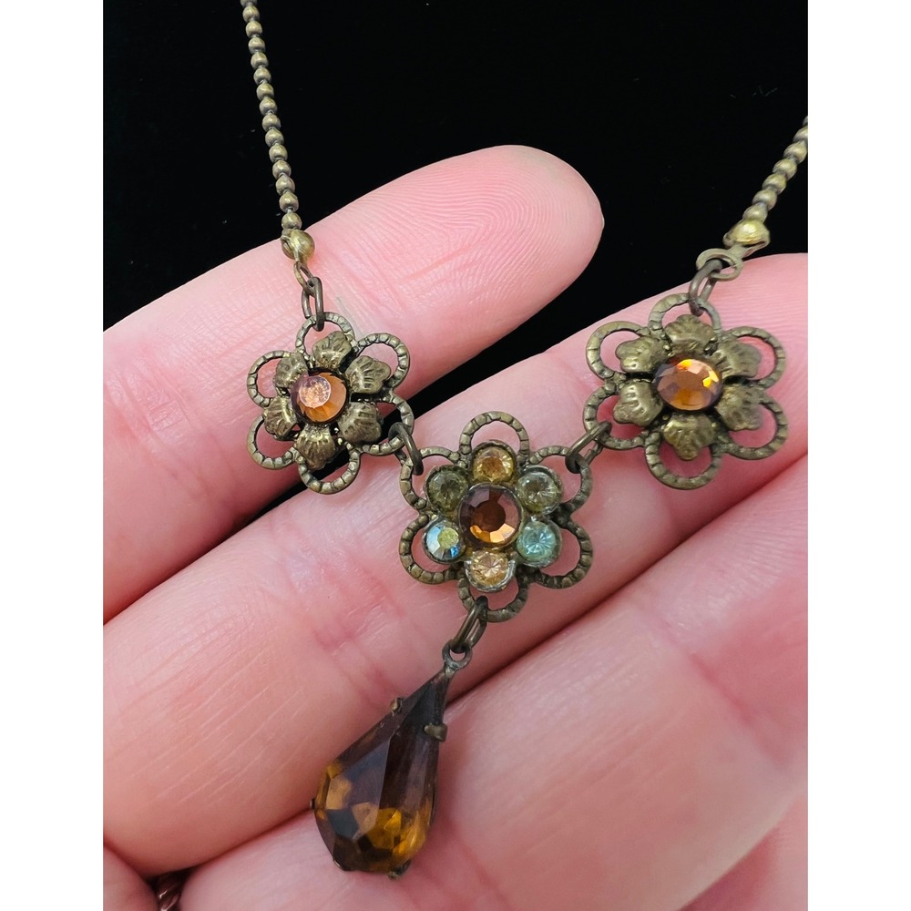 Michal Negrin Vintage Floral Crystal Drop Necklace Antiqued Brass Amber Glass - Picture 3 of 8